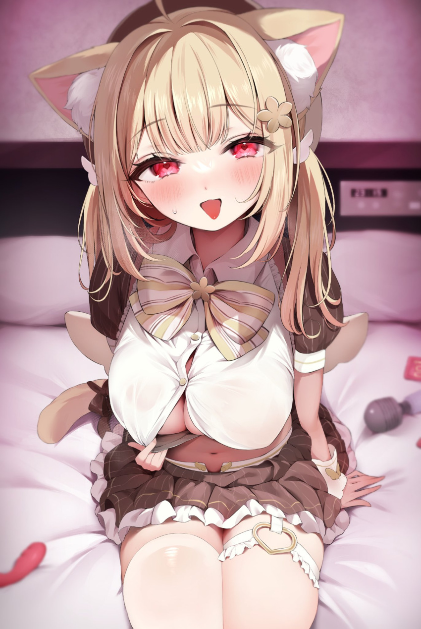 1girl ahoge animal_ear_fluff animal_ears bed_sheet blonde_hair blurry blurry_background blush bow bowtie breasts brown_skirt brown_sleeves button_gap cat_ears cat_girl cat_tail cleavage clothes_pull collared_shirt commentary condom depth_of_field flower frilled_skirt frills hair_flower hair_intakes hair_ornament heart_o-ring highres hitachi_magic_wand indoors kemomimi_refle! large_breasts looking_at_viewer midriff miniskirt namagome_negi naughty_face navel nekoma_karin on_bed open_mouth puffy_short_sleeves puffy_sleeves pulled_by_self red_eyes sex_toy shirt shirt_pull short_sleeves sitting skindentation skirt stomach sweat tail thighhighs thighs tongue tongue_out twintails two-tone_bowtie vibrator virtual_youtuber white_bow white_bowtie white_shirt white_thighhighs wing_hair_ornament yellow_bow yellow_bowtie