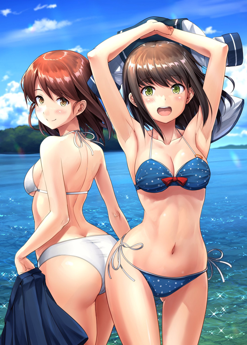 2girls :d armpits ass bikini blue_bikini blush breasts breasts_day brown_eyes brown_hair cleavage collarbone cowboy_shot day fubuki_(kancolle) green_eyes halterneck highres ichikawa_feesu kantai_collection long_hair medium_breasts multiple_girls navel ocean open_mouth outdoors polka_dot polka_dot_bikini shirayuki_(kancolle) side-tie_bikini_bottom smile sparkle string_bikini swimsuit water white_bikini