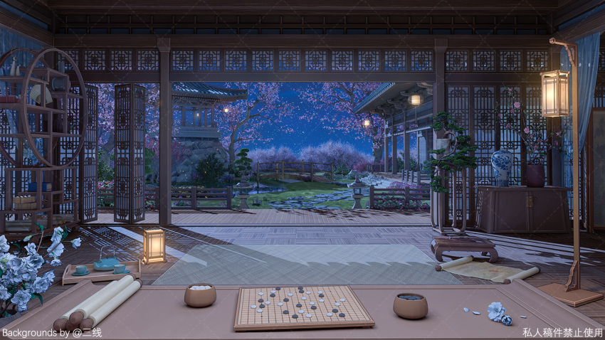 architecture board_game bridge cup drawer east_asian_architecture flower flower_pot go_(board_game) indoors night night_sky no_humans original plant sanxian_(wufs4222) scenery scroll shelf sky star_(sky) starry_sky stone_lantern teacup teapot tray tree vase