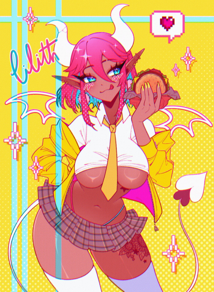 1girl abottleofstars blue_eyes blush breasts burger collar collared_shirt colored_inner_hair colored_skin demon demon_girl demon_horns demon_tail earrings food hair_between_eyes heart highleg highleg_panties highres holding holding_food horns jacket jewelry large_breasts leg_tattoo long_hair miniskirt multicolored_hair multiple_earrings nail_polish navel necktie off_shoulder open_clothes open_jacket original panties pink_hair pixel_heart plaid plaid_skirt pleated_skirt pointy_ears red_skin shirt skirt stomach_tattoo tail tattoo thighhighs tongue tongue_out underboob underwear white_shirt white_thighhighs yellow_jacket yellow_necktie