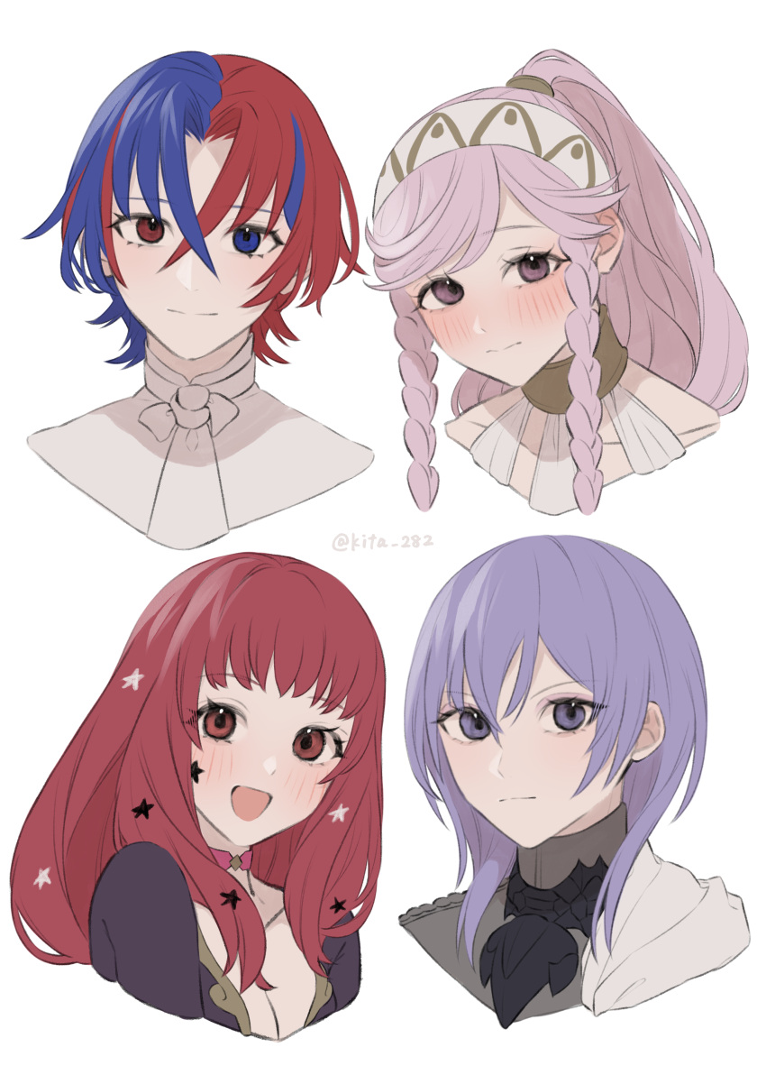 2boys 2girls :d absurdres alear_(fire_emblem) alear_(male)_(fire_emblem) blue_eyes blue_hair blush braid closed_mouth crossed_bangs fire_emblem fire_emblem:_three_houses fire_emblem_awakening fire_emblem_engage hair_between_eyes hair_ornament highres kita_282 long_hair multicolored_hair multiple_boys multiple_girls olivia_(fire_emblem) open_mouth pink_eyes pink_hair portrait purple_eyes purple_hair red_eyes red_hair short_hair smile split-color_hair star_(symbol) star_hair_ornament two-tone_hair white_background yunaka_(fire_emblem) yuri_leclerc