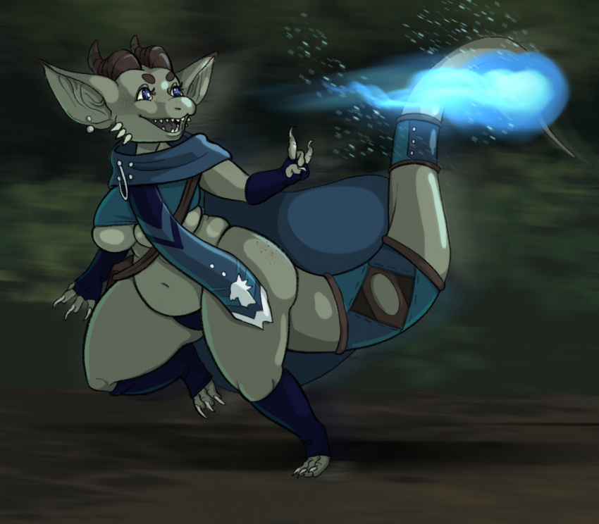 anthro big_ears blue_cape blue_clothing blue_eyes blue_legwear blue_scarf bottom_heavy breasts brown_horn clothing ear_piercing eyelashes female freckles grey_body grey_scales horn kobold legwear long_tail magic navel open_mouth open_smile piercing scales scarf short_stack slightly_chubby smile solo tail thick_thighs under_boob wide_hips wyrmskin