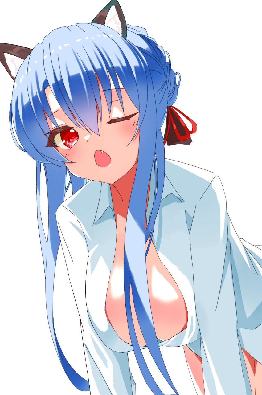 1girl all_fours animal_ears blue_hair blush braid braided_bun breasts cat_ears commentary_request commission dress_shirt eyelashes eyes_visible_through_hair fake_animal_ears fang from_below hair_between_eyes hair_bun hair_censor hanging_breasts highres large_breasts long_hair long_sleeves looking_at_viewer one_eye_closed open_clothes open_mouth open_shirt red_eyes shirt sidelocks simple_background single_hair_bun solo sorakado_ao summer_pockets upper_body very_long_hair white_background white_shirt yoanium