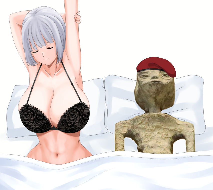 1boy 1girl after_sex arm_behind_head armpits bed bedroom beret black_bra bra breasts cleavage closed_eyes closed_mouth collarbone commander_(girls'_frontline) cyka girls'_frontline hand_up hat highres huge_breasts large_breasts lying medium_hair meme mexico_ufo_alien_bodies_hearing_(meme) navel on_bed pillow rpk-16_(girls'_frontline) smile underwear white_background white_hair