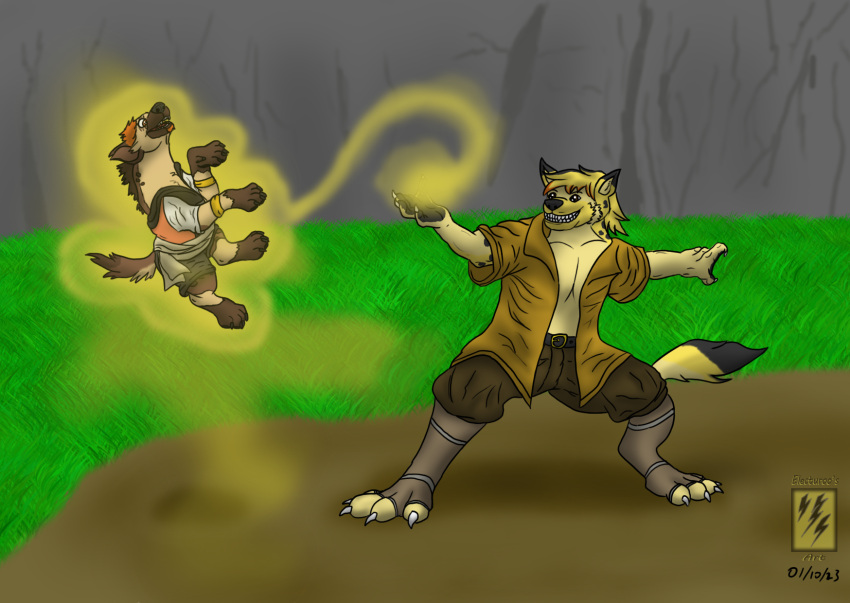 2023 adventure adventurer after_transformation anthro black_nose brown_body brown_fur brown_hair claws electuroo_(artist) eye_scar facial_scar fantasy feral feral_transformation fluffy fur gnoll hair hi_res hybrid hyena magic male mammal orange_eyes pawpads paws ra'zim scar tail tan_body tan_fur toe_claws transformation