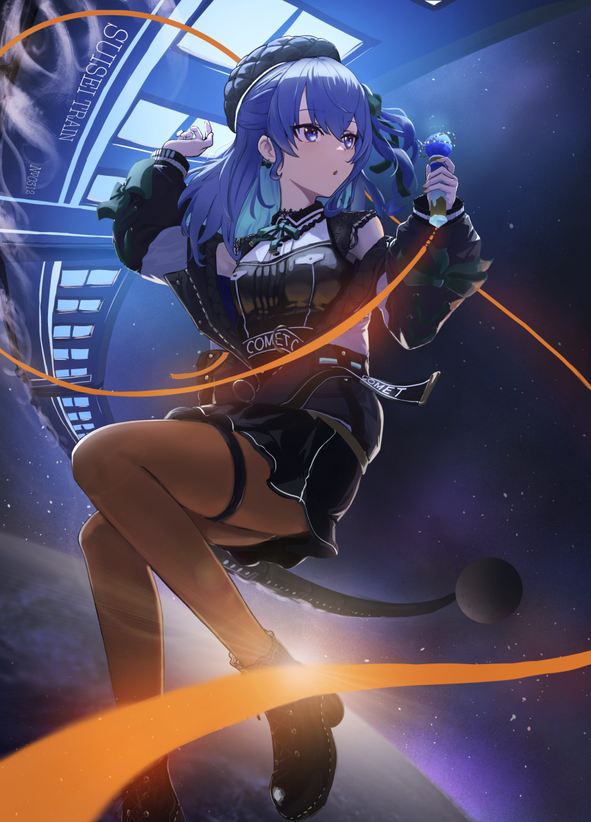 0gen3_illust 1girl absurdres aqua_hair black_footwear black_skirt blue_eyes blue_hair blue_headwear blush boots breasts colored_inner_hair earrings full_body hair_between_eyes hands_up high_heel_boots high_heels highres holding holding_microphone hololive hoshimachi_suisei jacket jewelry lace-trimmed_sleeves lace_trim legs long_hair long_sleeves looking_to_the_side microphone miniskirt multicolored_hair off_shoulder open_clothes open_jacket open_mouth orange_pantyhose pantyhose short_sleeves sidelocks skirt small_breasts solo space thigh_strap train two-tone_shirt virtual_youtuber