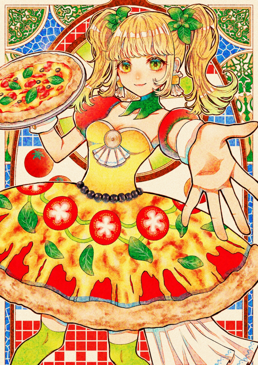 1girl akari_botan blonde_hair breasts cleavage food food-themed_clothes green_eyes green_socks highres holding holding_food looking_at_viewer medium_hair original over-kneehighs pizza pizza_print smile socks solo thighhighs tomato tomato_slice twintails