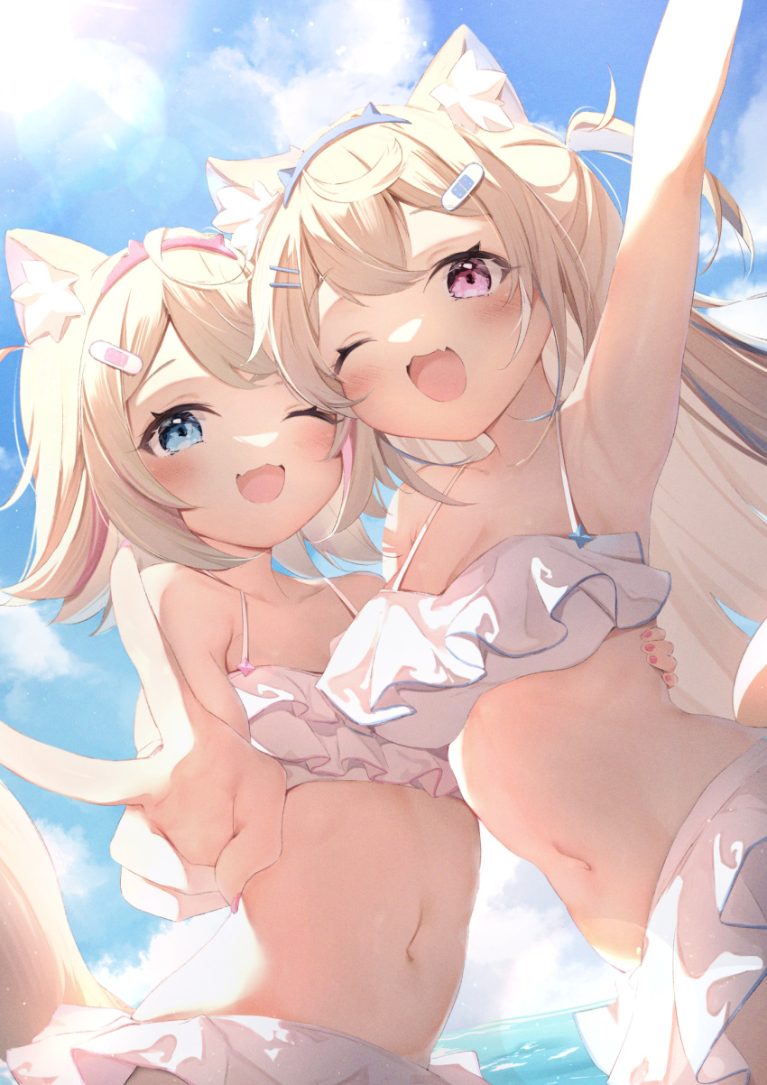 2girls alternate_costume animal_ear_fluff animal_ears arm_up armpits backlighting bandaid_hair_ornament bare_shoulders bikini blonde_hair blue_eyes blue_hair blue_hairband blue_sky blush breasts cloud commentary day dog_ears dog_girl dog_tail fang flat_chest frilled_bikini frills fuwawa_abyssgard hair_ornament hairband hairclip highres hololive hololive_english large_breasts lens_flare long_hair looking_at_viewer mococo_abyssgard multicolored_hair multiple_girls nail_polish navel one_eye_closed open_mouth outdoors outstretched_arm pink_eyes pink_hair pink_hairband pink_nails seboneko short_hair siblings side-by-side sisters skin_fang sky smile stomach streaked_hair swimsuit tail tareme twins upper_body v virtual_youtuber water white_bikini