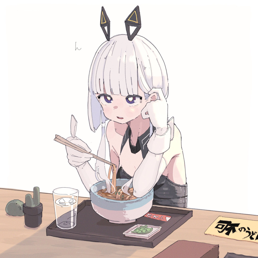 1girl alternate_costume animal_ears black_leotard blunt_bangs breasts bright_pupils cable cevio chopsticks creature cup curry_udon detached_collar drinking_glass edamame_(food) elbow_gloves fake_animal_ears gloves hair_in_food hair_tucking hands_up highres holding holding_chopsticks kafu-chan_no_kare_udon_kyousou_kyoku_(cevio) kafu_(cevio) kamitsubaki_studio leotard long_hair looking_up low_twintails mechanical_ears medium_breasts miminushi open_mouth playboy_bunny purple_eyes rabbit_ears solo strapless strapless_leotard twintails water white_background white_gloves white_hair white_pupils wrist_cuffs