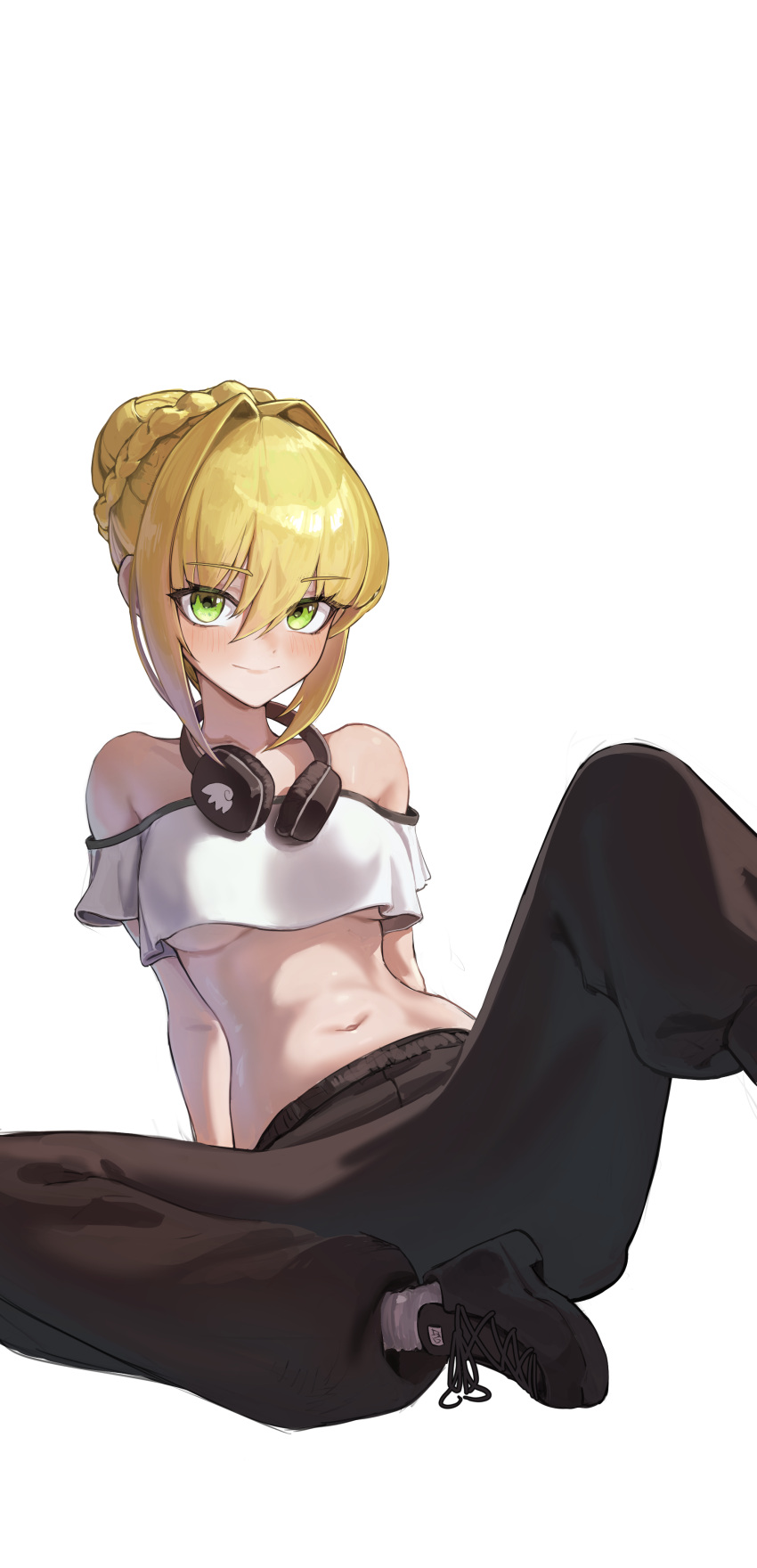 1girl absurdres alternate_costume apopo black_pants blonde_hair blush braid breasts cropped_shirt crown_braid fate/grand_order fate_(series) hair_bun hair_intakes headphones headphones_around_neck highres knee_up light_smile looking_at_viewer medium_breasts navel nero_claudius_(fate) off-shoulder_shirt off_shoulder pants shirt simple_background single_hair_bun sitting solo spread_legs transparent_background underboob