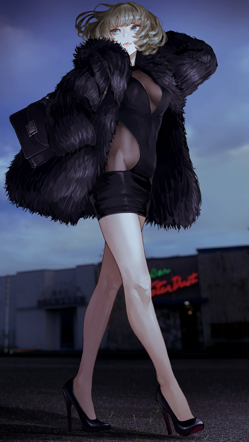 1girl absurdres coat dress full_body fur_coat heterochromia high_heels highres idolmaster idolmaster_cinderella_girls kaoming looking_back medium_hair outdoors pencil_dress see-through skirt solo takagaki_kaede walking wind