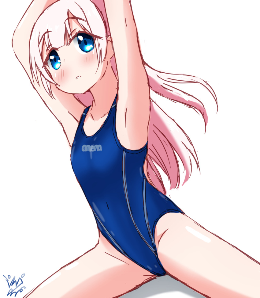 1girl arena_(company) armpits arms_up blue_one-piece_swimsuit breasts commentary_request competition_swimsuit covered_navel highres one-piece_swimsuit original purapechinu signature simple_background sitting small_breasts solo stretching swimsuit white_background