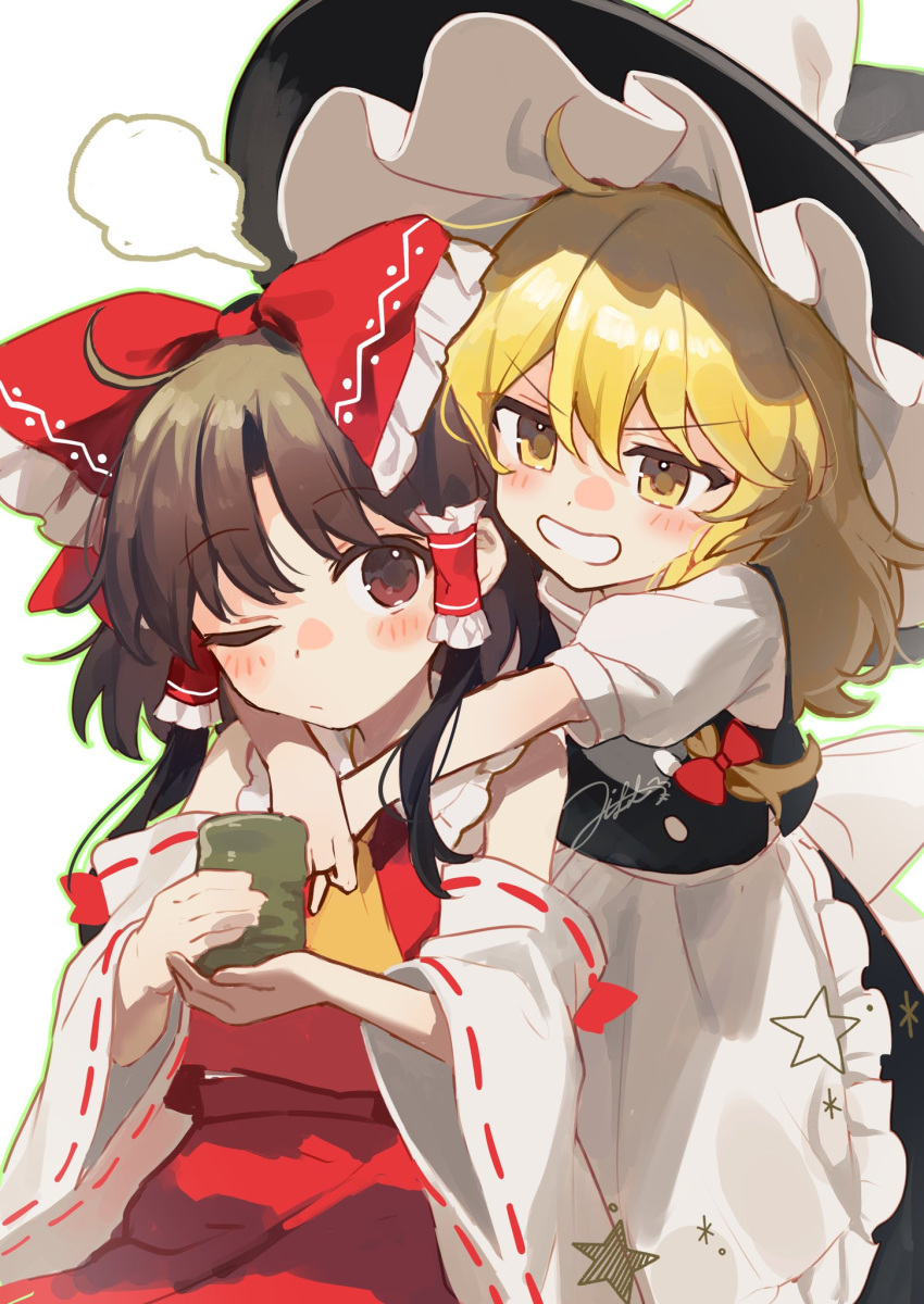 2girls apron ascot bare_shoulders black_headwear black_skirt black_vest blonde_hair blush bow brown_eyes brown_hair closed_mouth cup detached_sleeves frilled_apron frills hair_bow hair_tubes hakurei_reimu hat hat_bow highres holding holding_cup japanese_clothes jill_07km kirisame_marisa long_hair multiple_girls nontraditional_miko one_eye_closed open_mouth red_bow ribbon-trimmed_sleeves ribbon_trim shirt short_hair short_sleeves sidelocks signature simple_background skirt smile star_(symbol) touhou vest waist_apron white_apron white_background white_bow white_shirt wide_sleeves witch_hat yellow_ascot yellow_eyes yunomi