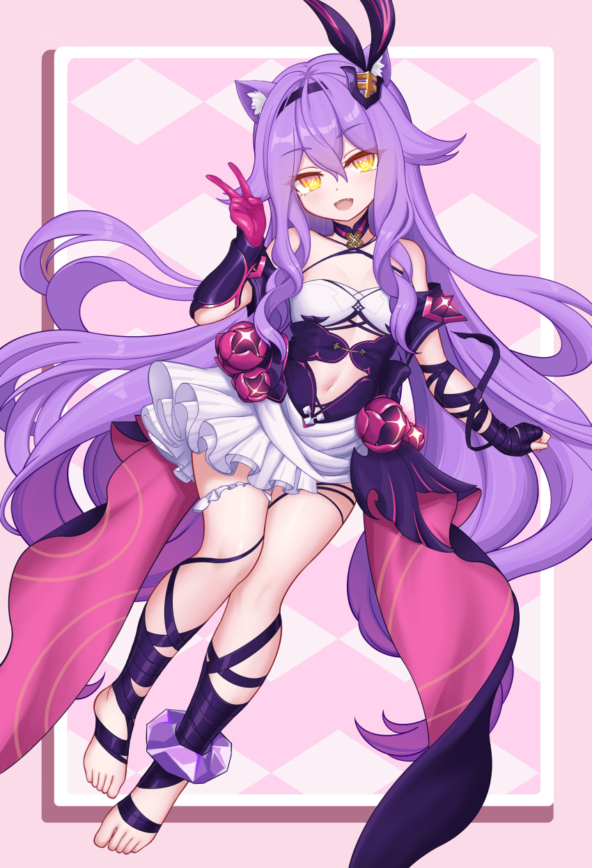 1girl :d absurdres animal_ear_fluff animal_ears bare_shoulders barefoot breasts budesonide cat_ears clothing_cutout dress fang fingerless_gloves full_body gloves hair_between_eyes hair_ornament hairband hand_up highres honkai_(series) honkai_impact_3rd jewelry leg_ribbon long_hair looking_at_viewer navel navel_cutout open_mouth purple_dress purple_gloves purple_hair ribbon sidelocks sirin sirin_(miracle_magical_girl) smile solo symbol-shaped_pupils v very_long_hair white_dress yellow_eyes