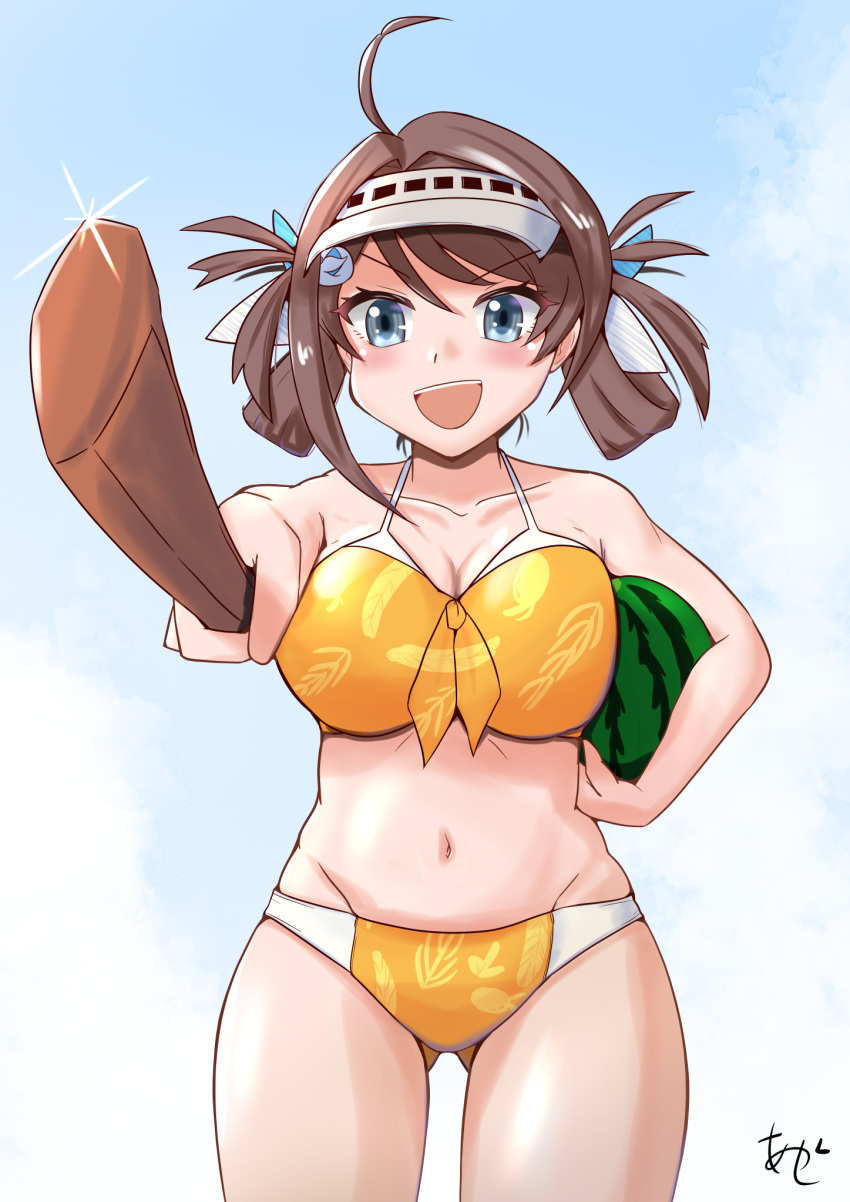 1girl ahoge akashieru ass_visible_through_thighs bikini blue_sky bokken breasts brown_hair chougei_(kancolle) cleavage cloud collarbone cowboy_shot food fruit glint grey_eyes hair_rings highres kantai_collection large_breasts long_hair looking_at_viewer navel official_alternate_costume one-hour_drawing_challenge orange_bikini sky smile solo standing swimsuit sword visor_cap watermelon weapon wooden_sword