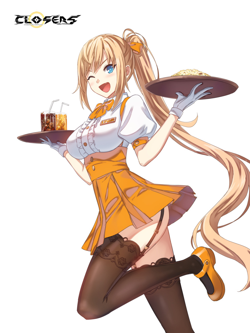 1girl ;d alternate_hair_color ass badge blue_eyes blush bow bowtie breasts brown_thighhighs center_frills closers collared_shirt copyright_name cowboy_shot drink drinking_straw fang food fried_rice frills from_side garter_straps glasses gloves hair_bow hands_up high-waist_skirt highres holding holding_tray ice ice_cube lace-trimmed_thighhighs large_breasts leg_up logo long_hair looking_at_viewer mary_janes miniskirt official_art one_eye_closed open_mouth orange_bow orange_bowtie orange_footwear orange_hair orange_skirt pleated_skirt ponytail puffy_short_sleeves puffy_sleeves running shirt shoes short_sleeves sidelocks skirt smile solo suspender_skirt suspenders thighhighs tray underbust v-shaped_eyebrows very_long_hair waitress white_background white_gloves white_shirt yuri_seo zettai_ryouiki