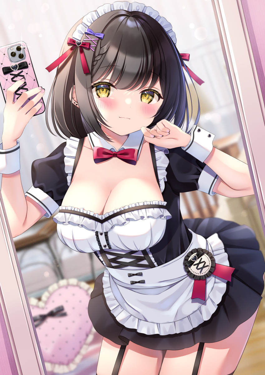 1girl absurdres blurry blurry_background blush bow bowtie braid breasts brown_hair cellphone cleavage closed_mouth collar cowboy_shot detached_collar dress french_braid frilled_dress frilled_pillow frills garter_straps hair_bow hair_ornament hands_up head_tilt heart heart_pillow highres holding holding_phone indoors large_breasts leaning_forward maid maid_headdress medium_hair mirror miwa_uni original phone pillow pleated_dress puffy_sleeves purple_bow red_bow red_bowtie selfie short_dress short_sleeves single_braid smartphone smile solo two-tone_dress white_collar white_wrist_cuffs x_hair_ornament yellow_eyes