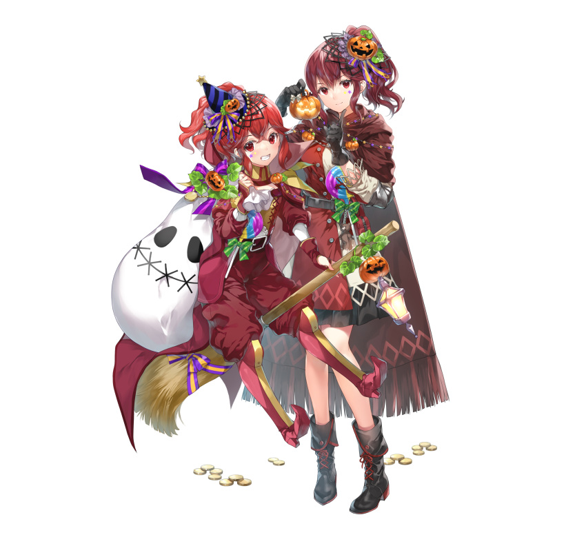 2girls absurdres ankle_boots anna_(fire_emblem) belt boots broom broom_riding candy cape detached_sleeves fire_emblem fire_emblem_awakening fire_emblem_engage fire_emblem_heroes food gloves gold grin hair_ornament hat highres holding index_finger_raised jack-o'-lantern knee_boots lantern lollipop long_hair long_sleeves looking_at_viewer mini_party_hat miwabe_sakura multiple_girls official_alternate_costume official_art pants parted_lips party_hat pointy_footwear ponytail pumpkin red_eyes red_hair ribbon sack siblings side_ponytail sidelocks simple_background sisters skirt smile star_(symbol) star_tattoo tattoo teeth turtleneck white_background