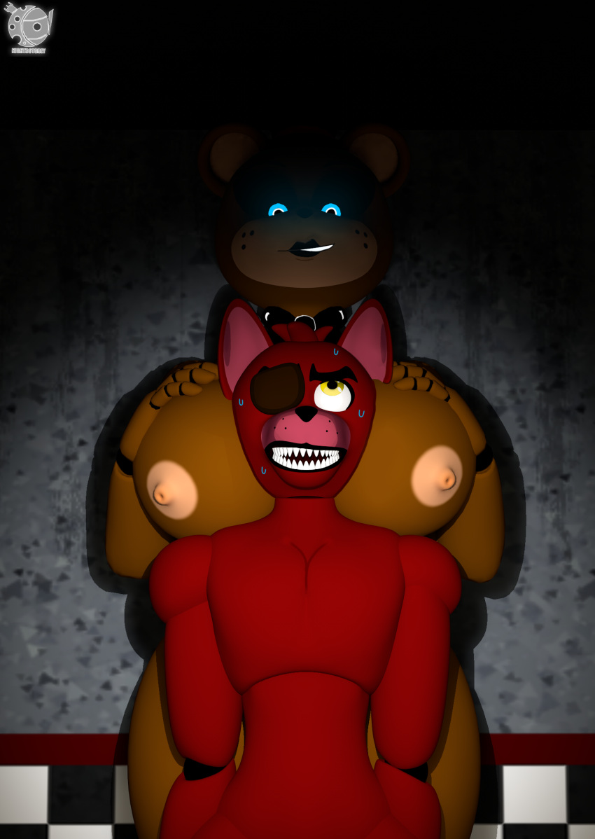 animatronic aroused big_breasts big_chest breasts duo female five_nights_at_freddy's foxy_(fnaf) freddy_(fnaf) hi_res machine male male/female nightbotgrey robot scottgames