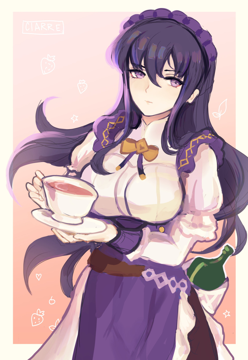 1girl absurdres alternate_costume apron artist_name ayra_(fire_emblem) black_hair ciarre cup dress enmaided fire_emblem fire_emblem:_genealogy_of_the_holy_war fire_emblem_heroes gradient_background highres holding holding_cup long_hair long_sleeves looking_at_viewer maid maid_apron maid_headdress official_alternate_costume orange_background purple_eyes signature simple_background solo