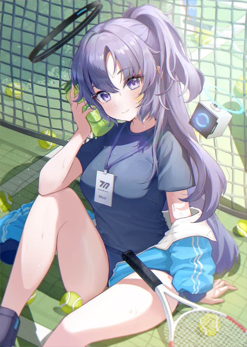 1girl absurdres black_shirt blue_archive blue_buruma blue_eyes blush bottle breasts buruma gym_shirt gym_uniform halo highres id_card jacket large_breasts long_hair looking_at_viewer official_alternate_costume outdoors partially_unzipped prana_(prana12) racket shirt sitting smile solo star_sticker sticker sticker_on_face tennis_racket track_jacket water_bottle yuuka_(blue_archive) yuuka_(track)_(blue_archive)