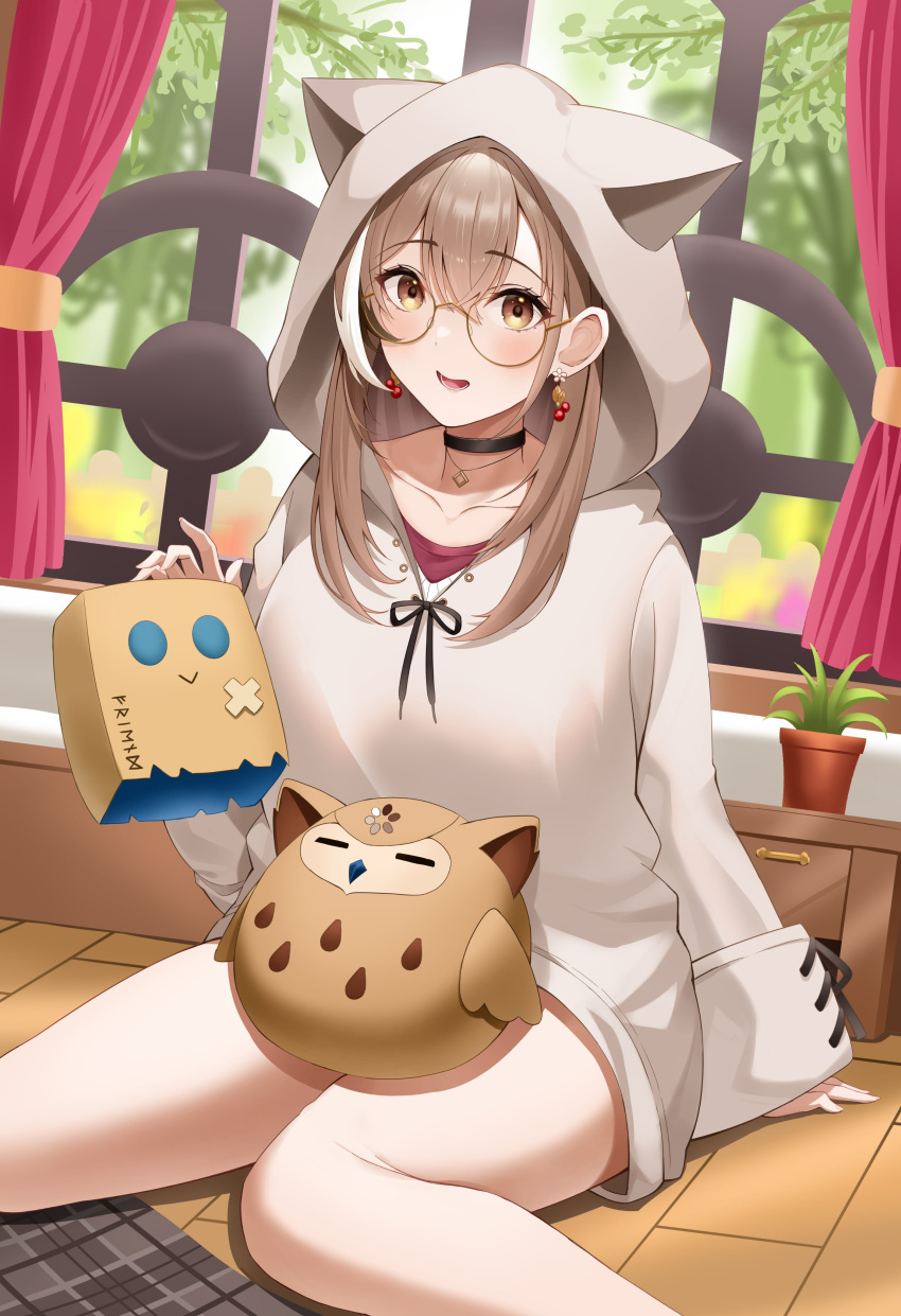 1girl 6177nanairo7716 absurdres animal_hood bare_legs berry black_choker brown_eyes brown_hair brown_hoodie choker curtains drawer earrings ears_through_headwear food-themed_earrings friend_(nanashi_mumei) glasses highres hololive hololive_english hood hood_up hoodie hootsie_(nanashi_mumei) jewelry long_hair looking_at_viewer multicolored_hair nail_art nanashi_mumei necklace official_alternate_costume oversized_clothes plant potted_plant red_shirt round_eyewear runes shirt sitting sitting_on_lap sitting_on_person sleeves_past_wrists smile streaked_hair sweater tree virtual_youtuber white_sweater window