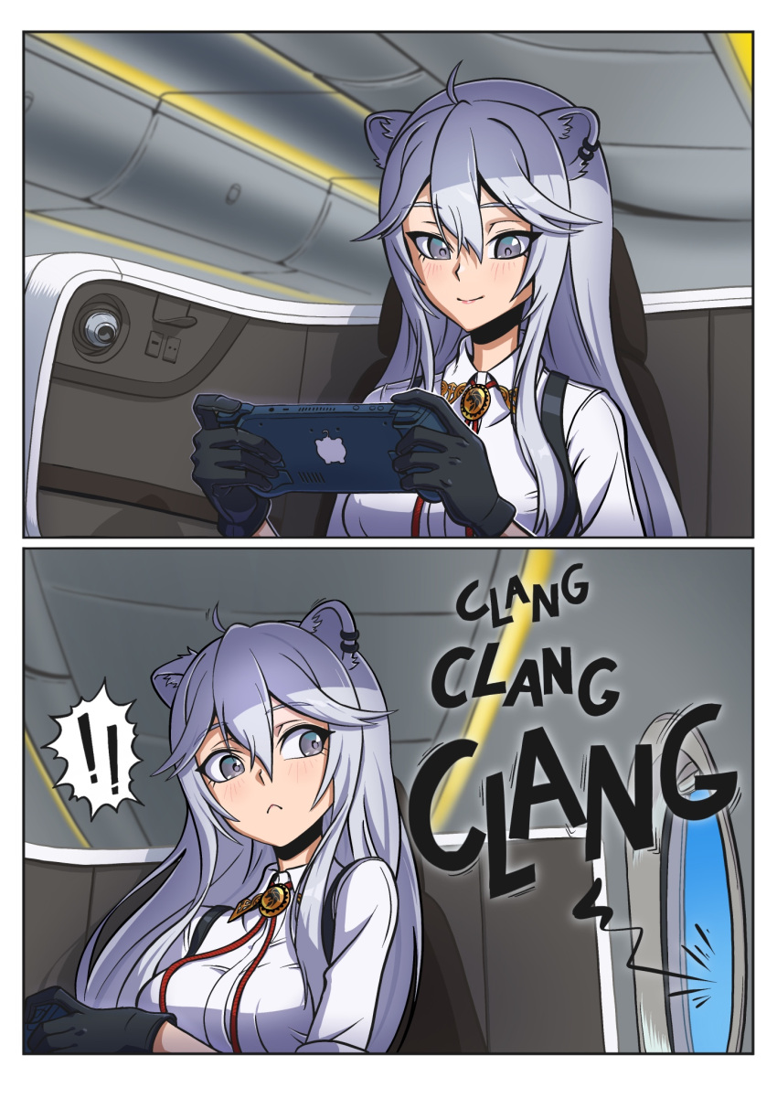 ! ahoge aircraft airplane airplane_interior animal_ear_piercing animal_ears bolo_tie breasts collared_shirt dress_shirt ear_piercing fuse grey_eyes grey_hair hair_between_eyes handheld_game_console highres holding holding_handheld_game_console hololive lion_ears lion_girl long_hair long_sleeves loud nyaring943 official_alternate_costume piercing shirt shishiro_botan shishiro_botan_(3rd_costume) spoken_exclamation_mark ssrb_(shishiro_botan) steam_deck surprised two_side_up vehicle_interior very_long_hair virtual_youtuber white_shirt