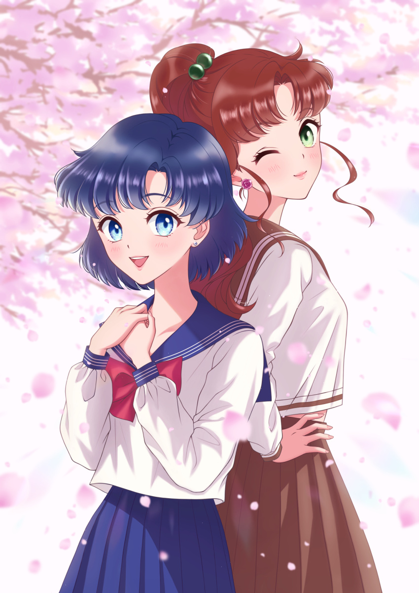 bishoujo_senshi_sailor_moon blue_eyes blue_hair blue_sailor_collar blue_skirt bow bowtie breasts brown_hair brown_sailor_collar brown_skirt cherry_blossoms earrings flower_earrings green_eyes hair_bobbles hair_ornament height_difference highres jewelry juuban_middle_school_uniform kino_makoto kino_makoto's_school_uniform large_breasts lips long_skirt long_sleeves medium_hair medium_skirt midriff_peek mizuno_ami one_eye_closed pleated_skirt ponytail red_bow red_bowtie sailor_collar school_uniform serafuku shirt short_hair sidelocks skirt smile swept_bangs tsumagari_yuki white_shirt