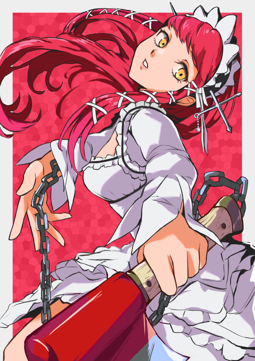 1girl absurdres axe border chain commentary dress floating_hair frilled_dress frills hair_ornament head_tilt headdress highres holding holding_axe holding_weapon lips long_hair long_sleeves looking_at_viewer outside_border parted_lips pekeponn persona persona_3 red_background red_hair shaft_look simple_background solo weapon white_border white_dress white_headdress yellow_eyes yoshino_chidori