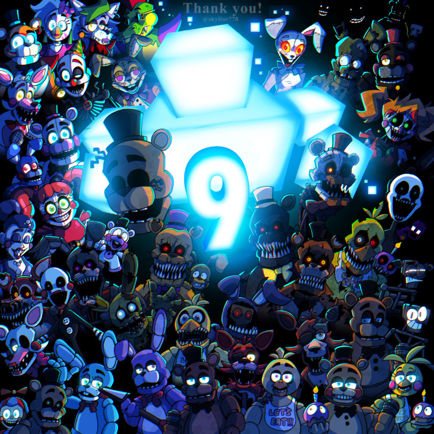 6+others baby_(fnaf) balloon_boy_(fnaf) bonnie_(fnaf) brown_fur character_request chica commentary crying_child's_brother_(fnaf) crying_child_(fnaf) dark elizabeth_afton english_commentary english_text ennard everyone fangs five_nights_at_freddy's foxy_(fnaf) fredbear_(fnaf) freddy_fazbear glamrock_chica glamrock_freddy glowing glowing_eyes golden_freddy happy_birthday hat highres horror_(theme) looking_at_viewer mangle michael_afton montgomery_gator multiple_others open_mouth red_eyes roxanne_wolf_(fnaf) skeleton skylior778 springtrap the_puppet_(fnaf) top_hat toy_chica vanessa_(fnaf) vanny_(fnaf) william_afton