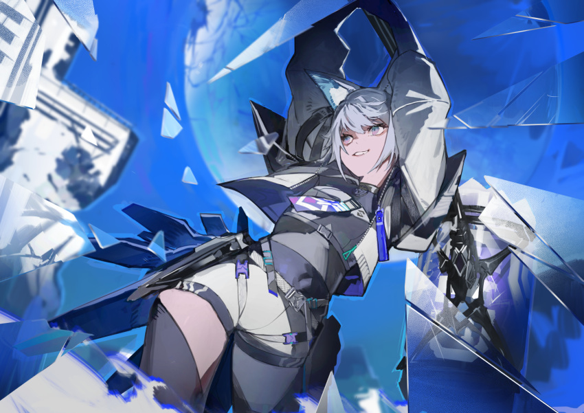 1girl :3 animal_ear_fluff animal_ears armor arms_up asymmetrical_legwear black_undershirt blue_background blue_eyes blurry blurry_background broken_glass cevio coko_(cevio) commentary_request covered_navel cowboy_shot cropped_jacket fox_ears fox_girl from_below glass glass_shards grey_hair grin harness jacket kamitsubaki_studio kuronoiparoma long_sleeves looking_ahead multicolored_eyes necktie open_clothes open_jacket pauldrons pendant_choker pink_eyes puffy_long_sleeves puffy_sleeves shirt short_hair short_shorts shorts shoulder_armor smile solo white_jacket white_shirt white_shorts