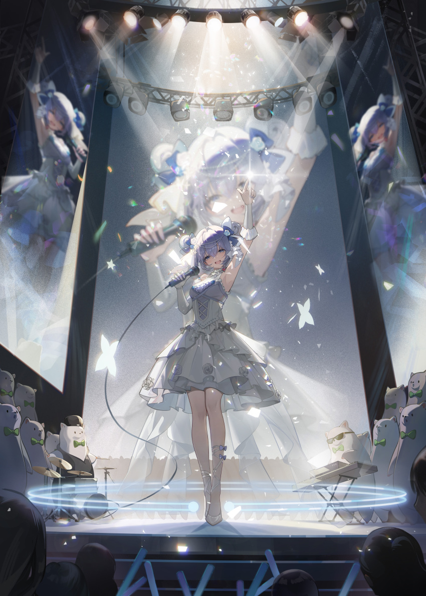 1girl :d a-soul absurdres arm_up armpits asymmetrical_gloves audience ava_(a-soul) blue_bow blue_eyes blue_hair bow breasts concert double_bun dress dress_bow dress_flower drum drum_set elbow_gloves finger_gun flower gloves glowstick hair_bow hair_bun hands_up highres holding holding_microphone idol instrument keyboard_(instrument) layered_dress leg_ribbon light_particles looking_at_viewer microphone music official_art pearl_hair_ornament ribbon rose screen screen_zoom short_dress short_hair singing single_elbow_glove single_glove sleeveless sleeveless_dress smile solo sparkle spotlight stage stage_lights truss uneven_gloves virtual_youtuber white_bow white_dress white_flower white_footwear white_gloves white_ribbon white_rose wide_shot