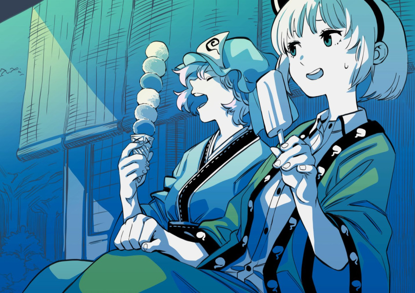 2girls black_hairband blue_headwear blue_kimono closed_eyes collared_shirt food green_eyes green_skirt grey_hair hairband happi hat holding holding_food ice_cream japanese_clothes kamabokopic kimono konpaku_youmu mob_cap multiple_girls open_mouth pink_hair popsicle saigyouji_yuyuko shirt short_hair skirt smile teeth touhou triangular_headpiece upper_teeth_only white_shirt