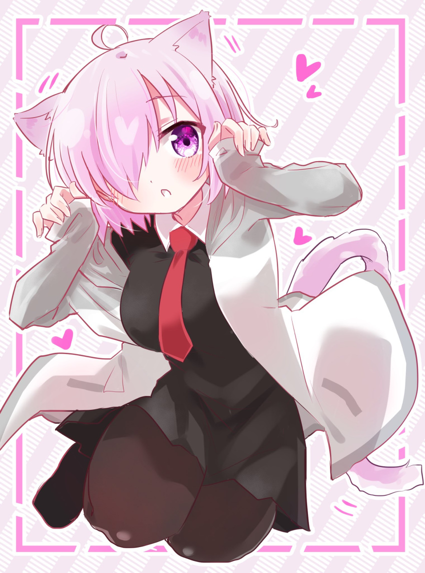 1girl :o animal_ears black_dress black_pantyhose blush cat_ears cat_tail collared_dress commentary_request dress fate/grand_order fate_(series) grey_jacket hair_over_one_eye highres jacket kemonomimi_mode long_sleeves looking_at_viewer mash_kyrielight meggut_2521 multicolored_clothes multicolored_jacket necktie one_eye_covered open_mouth pantyhose pink_hair purple_eyes red_necktie short_hair sleeves_past_wrists solo tail two-tone_jacket white_jacket