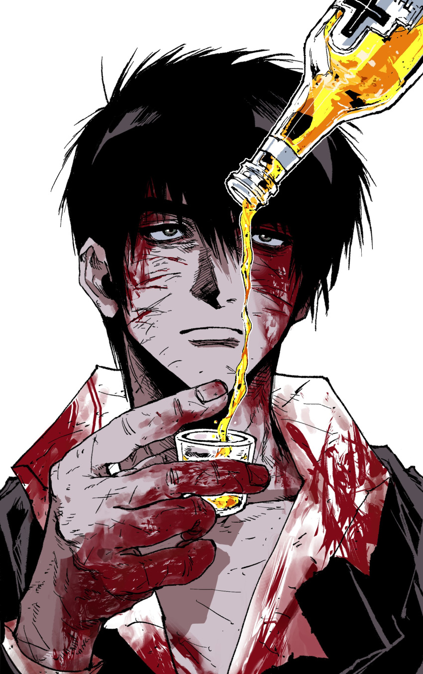 1boy absurdres black_eyes black_hair black_jacket blood blood_on_clothes blood_on_face blood_on_hands bottle closed_mouth collared_shirt cup hand_up highres holding holding_cup jacket male_focus my_nameisyoon nicholas_d._wolfwood pouring shirt short_hair simple_background solo trigun upper_body white_background white_shirt