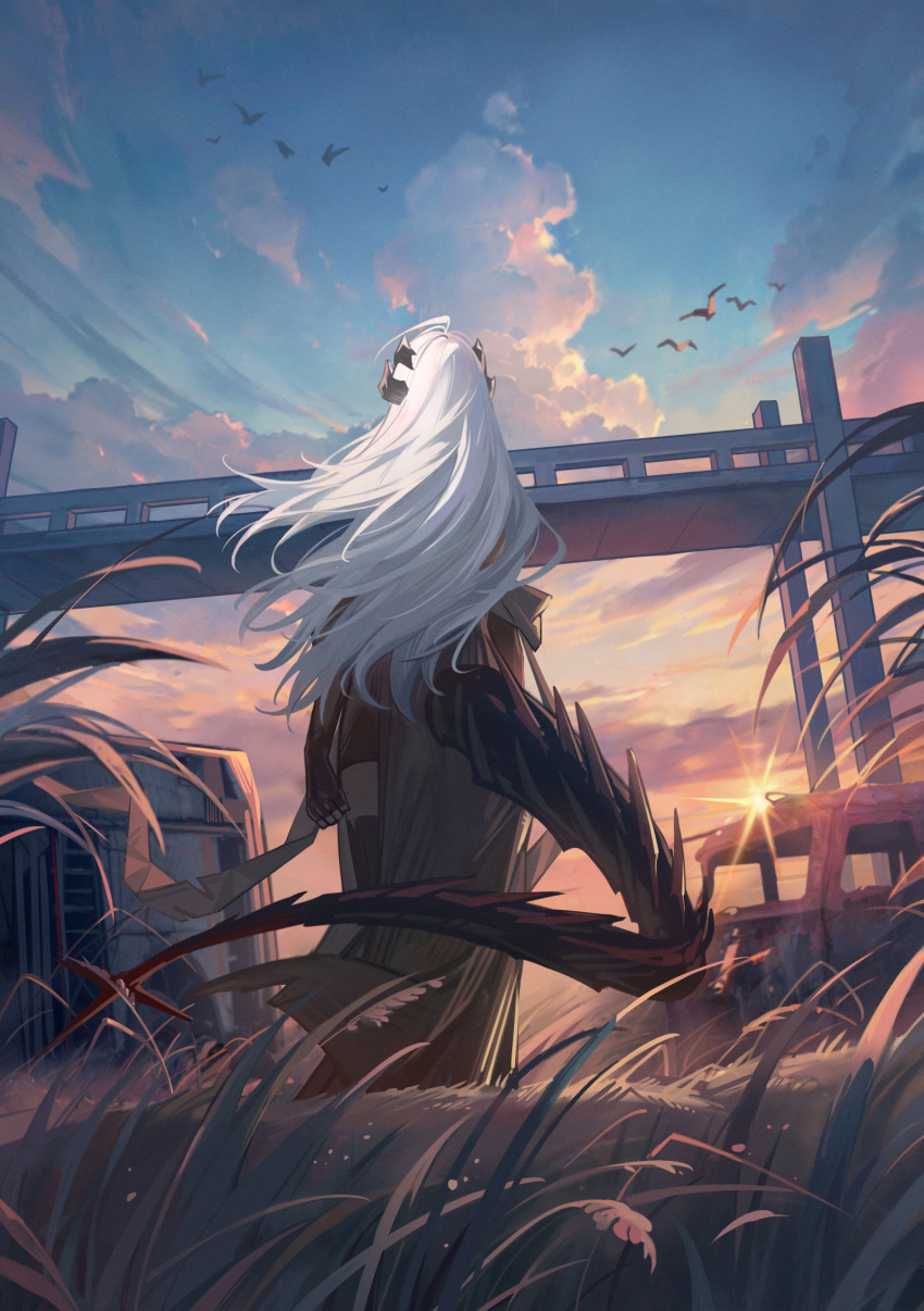 1girl 9chung arknights arm_at_side bird black_gloves black_shorts black_thighhighs bridge car cloud cloudy_sky commentary cumulonimbus_cloud dragon_horns dragon_tail dusk floating_hair from_behind full_body gloves grass highres horns long_hair motor_vehicle outdoors railing saria_(arknights) shorts sky solo tail thighhighs very_long_hair white_hair