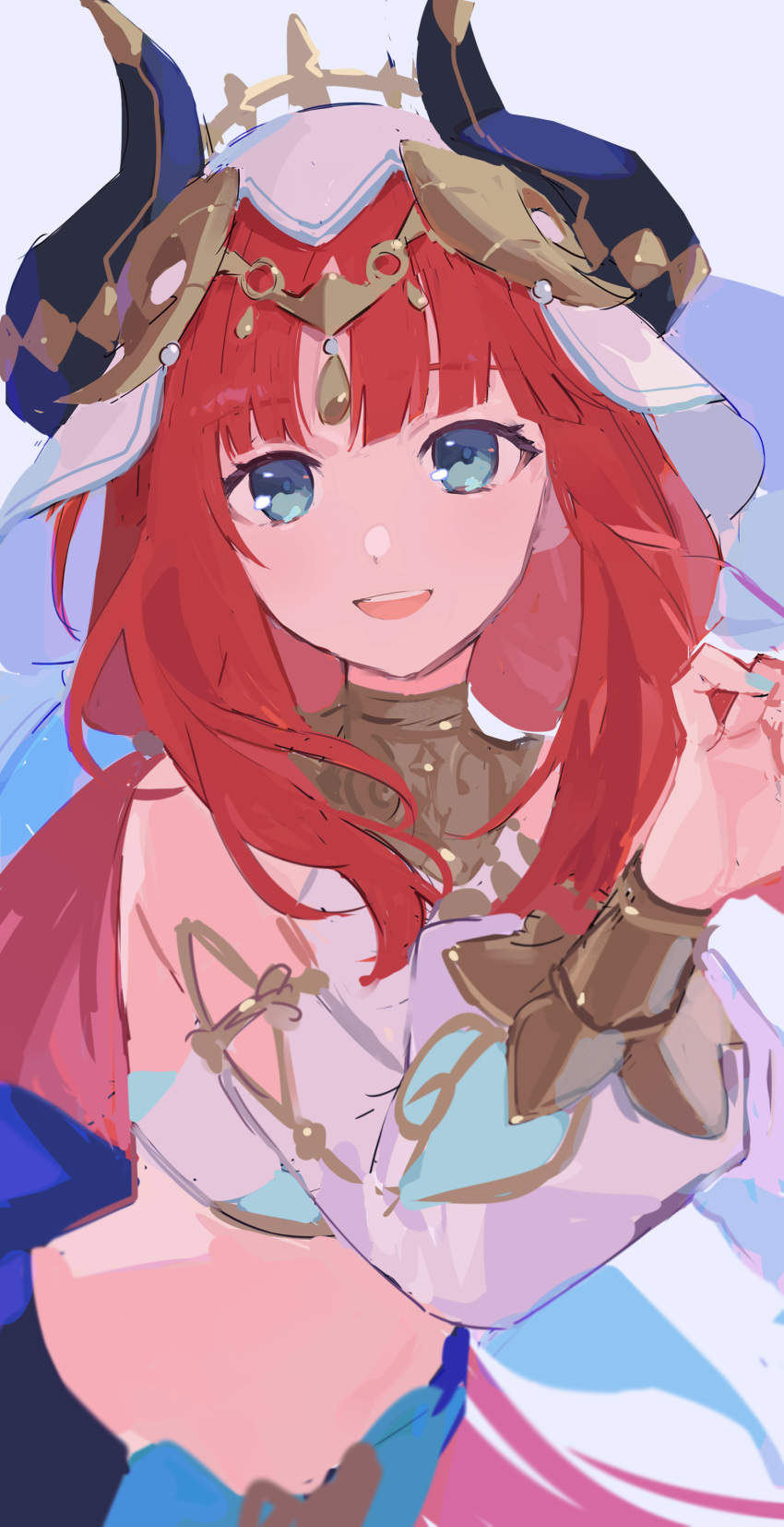 1girl absurdres blue_eyes blue_nails crop_top detached_sleeves genshin_impact gold_trim harem_outfit highres long_sleeves looking_at_viewer nilou_(genshin_impact) parted_lips puffy_long_sleeves puffy_sleeves red_hair simple_background sketch smile solo tarouoga teeth upper_body upper_teeth_only white_background white_veil