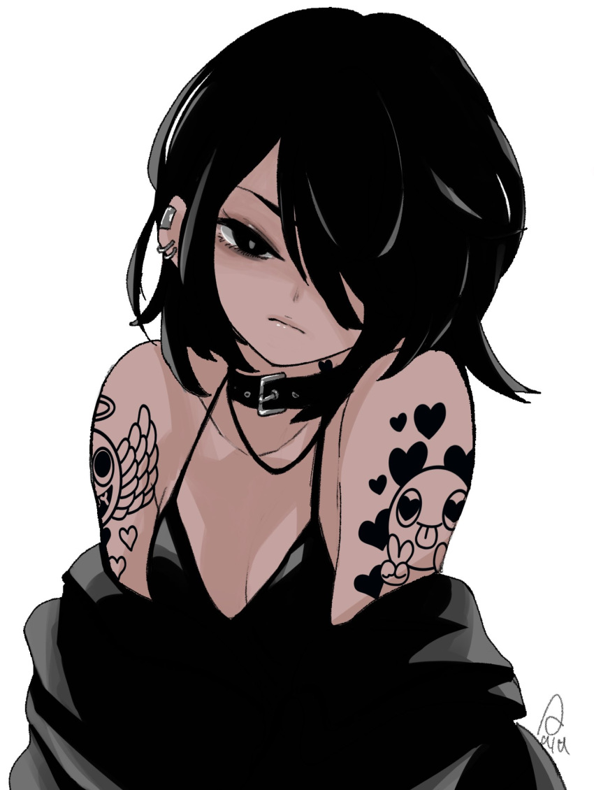 1girl arm_tattoo black_bra black_collar black_eyes black_hair black_jacket bra breasts collar collarbone ear_piercing earrings hair_over_one_eye heart heart_tattoo highres jacket jewelry looking_at_viewer medium_breasts medium_hair off_shoulder original piercing scowl signature smiley_face sushi_pizza_rrr tattoo underwear white_background wing_tattoo