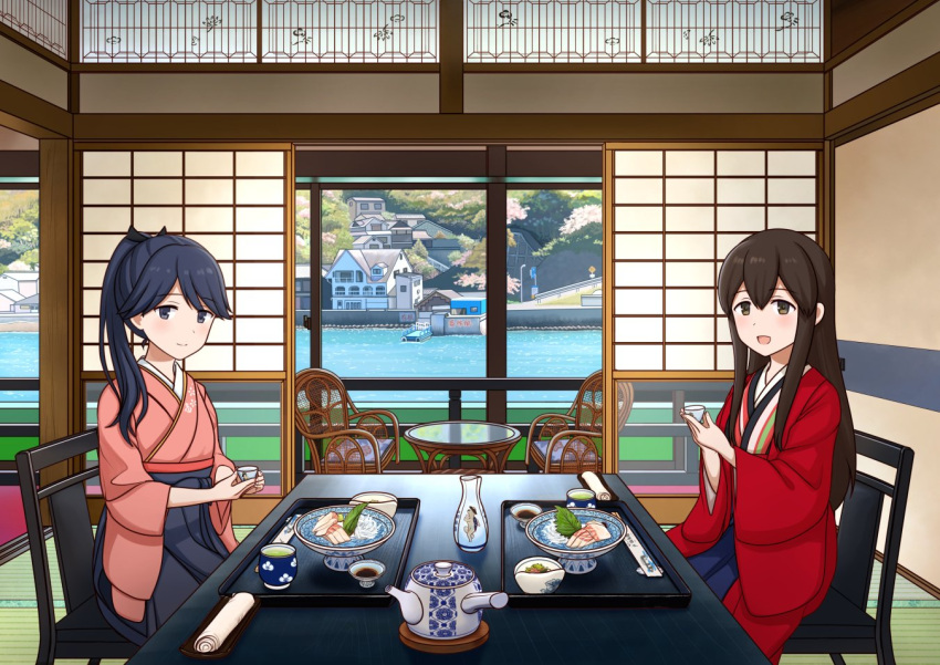 2girls akagi_(kancolle) alternate_costume black_hair black_hakama blue_eyes bottle brown_eyes choko_(cup) commentary_request cup feet hakama haori hitakikan houshou_(kancolle) japanese_clothes kantai_collection kimono landscape multiple_girls pink_kimono ponytail sliding_doors smile table teapot tokkuri