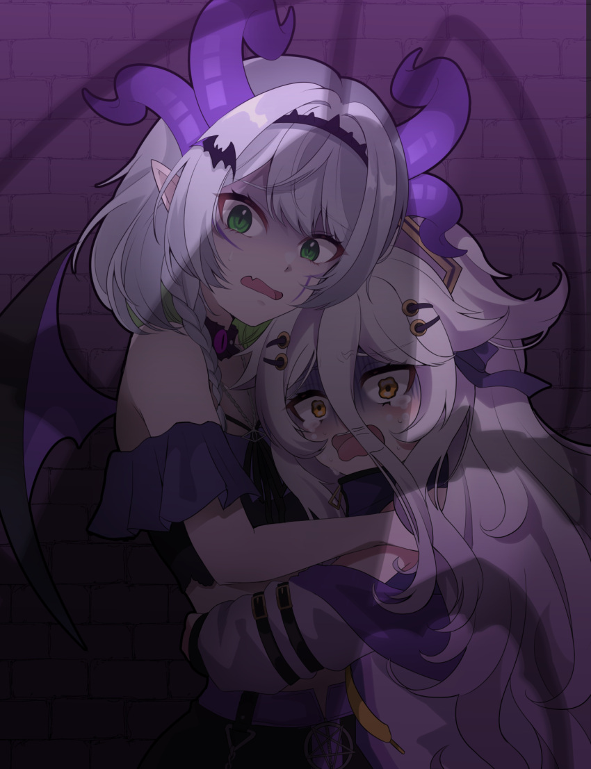 2girls bat_hair_ornament black_hairband braid bsapricot_(vtuber) chanax29 demon_girl demon_horns facial_mark fang green_eyes grey_hair hair_between_eyes hair_ornament hair_ribbon hairband henya_the_genius highres horns hug jacket long_hair multiple_girls open_mouth parted_lips pointy_ears purple_jacket ribbon scared shadow silhouette skin_fang tears vshojo wings yellow_eyes