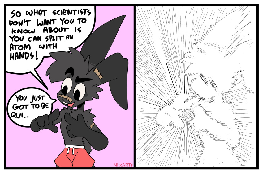 2_panel_comic absurd_res anthro band-aid band-aid_on_face band-aid_on_nose bandage black_body black_fur bottomwear cheek_tuft chest_tuft clothing dialogue english_text explosion facial_tuft fur grey_body grey_fur hi_res humor lagomorph leporid male mammal multicolored_body multicolored_fur nick_(the_xing1) open_mouth open_smile purple_background rabbit shorts shoulder_tuft simple_background smile solo speech_bubble text tuft two_tone_body two_tone_fur wide_eyed xing1