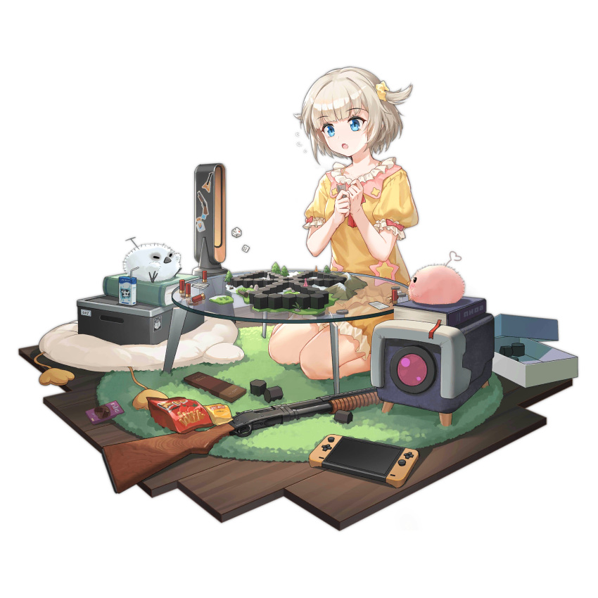 1girl :o bag bare_arms bare_legs bird bladeless_fan blonde_hair blue_eyes board_game book box chilunchilun dice full_body girls'_frontline griffin_&amp;_kryuger gun hair_ornament hair_scrunchie highres juice_box kneeling m1897_(forest_game)_(girls'_frontline) m1897_(girls'_frontline) nintendo_switch official_alternate_costume official_art open_box open_mouth own_hands_together pajamas pink_bird pump_action rug scrunchie seiza short_hair short_sleeves shotgun shotgun_shell simple_background sitting snack solo star_(symbol) sticker third-party_source transparent_background weapon white_bird winchester_model_1897 wooden_floor yellow_pajamas yellow_scrunchie