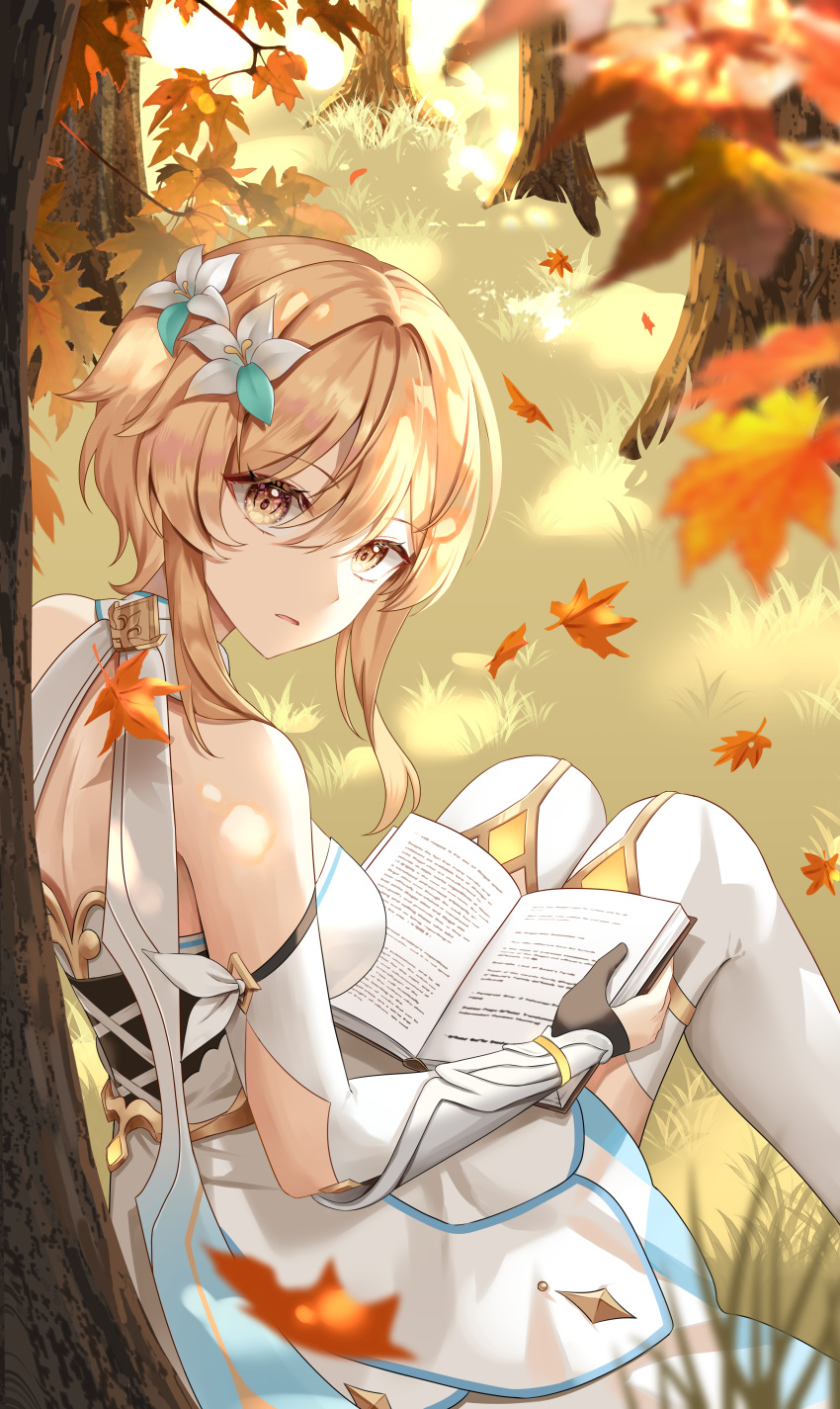 1girl absurdres bare_shoulders blonde_hair book breasts dress flower genshin_impact gloves hair_between_eyes hair_flower hair_ornament highres holding holding_book long_hair looking_at_viewer lumine_(genshin_impact) medium_breasts momyong outdoors parted_lips reading short_hair short_hair_with_long_locks sidelocks solo tree white_dress white_flower yellow_eyes