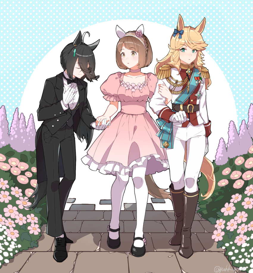 3girls absurdres ahoge aiguillette alternate_costume animal_ears arm_at_side arm_hug belt black_footwear black_hair black_jacket black_vest blonde_hair blush boots bow bowtie braid brown_footwear brown_hair bush choker closed_mouth crown_braid dress ear_bow epaulettes flower formal gold_city_(umamusume) green_eyes hair_between_eyes hairband hand_on_own_chest highres holding_hands horse_ears horse_girl horse_tail jacket loafers long_hair long_sleeves looking_at_another manhattan_cafe_(umamusume) mary_janes medal multiple_girls open_clothes open_jacket pant_suit pants pantyhose pink_dress shirt shoes short_hair smile standing suit tail twitter_username umamusume vest white_jacket white_pants white_pantyhose white_shirt yellow_eyes yuhkiano yukino_bijin_(umamusume) yuri