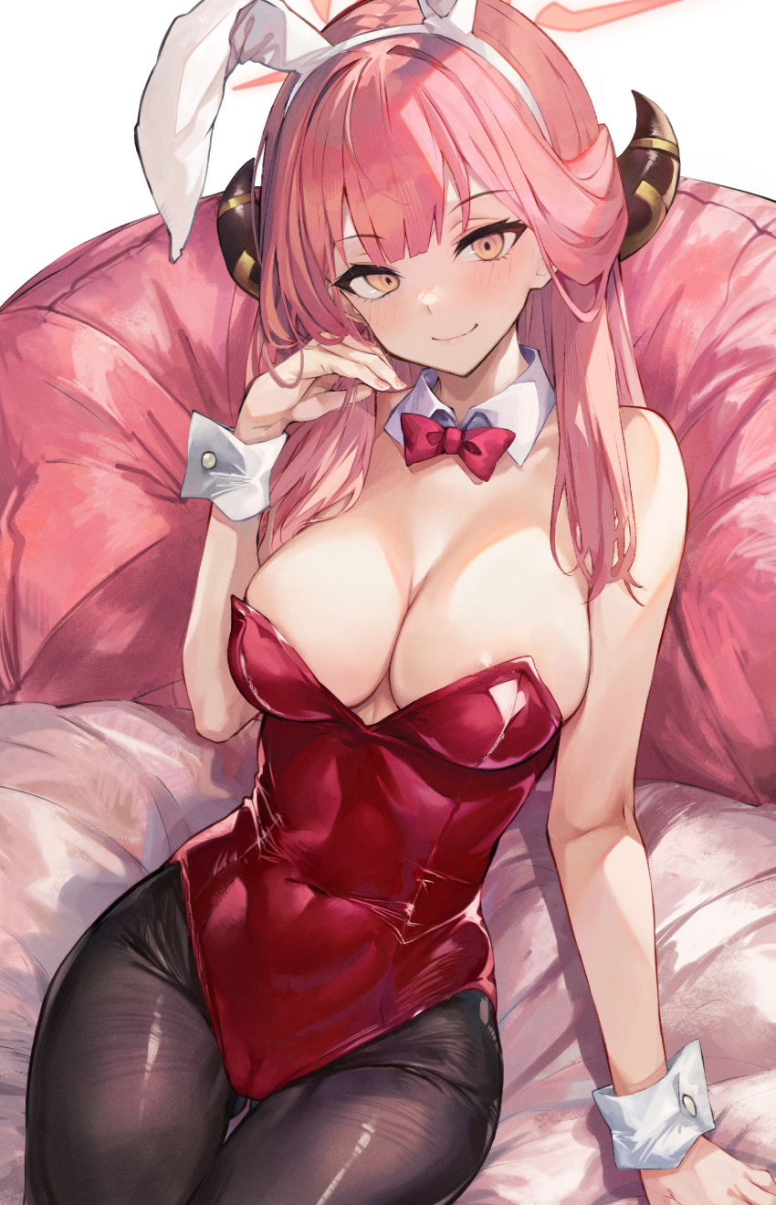 1girl absurdres animal_ears aru_(blue_archive) ass_visible_through_thighs blue_archive blush breasts cameltoe cleavage covered_navel detached_collar fake_animal_ears halo highleg highleg_leotard highres horns large_breasts leotard long_hair looking_at_viewer pantyhose pink_hair playboy_bunny rabbit_ears red_leotard smile solo strapless strapless_leotard suujiniku thigh_gap wrist_cuffs yellow_eyes