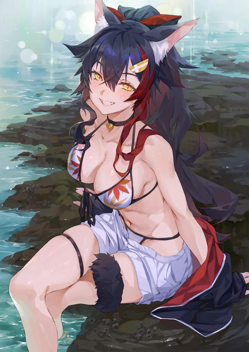 1girl absurdres animal_ear_fluff animal_ears bell bikini bikini_under_shorts black_choker black_hair breasts choker grin high_ponytail highres hololive hxxg jacket jingle_bell large_breasts multicolored_hair navel neck_bell off_shoulder ookami_mio print_bikini red_hair short_shorts shorts sitting smile solo stomach swimsuit tail teeth thigh_strap thighs two-tone_hair water white_shorts wolf_ears wolf_girl wolf_tail yellow_eyes