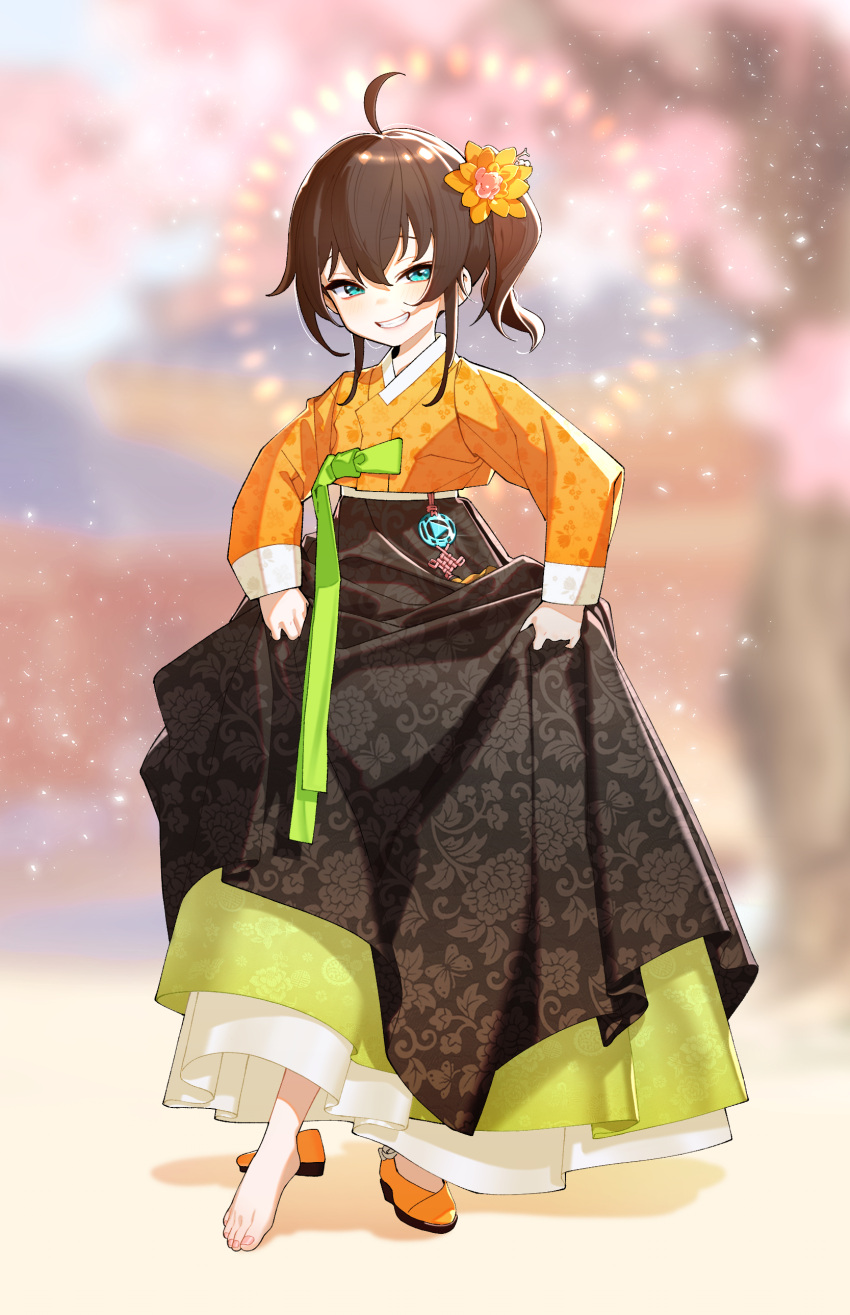 1girl absurdres ahoge alternate_costume aqua_eyes bad_kim barefoot black_skirt blurry blurry_background brown_hair commentary_request depth_of_field eyelashes floral_print flower full_body green_eyes green_ribbon green_skirt hair_between_eyes hair_flower hair_ornament hakama hakama_skirt highres hololive japanese_clothes kimono long_hair long_sleeves looking_at_viewer multicolored_clothes multicolored_skirt nail_polish natsuiro_matsuri obi one_side_up orange_footwear orange_kimono outdoors pink_nails ribbon sash shadow shoes side_ponytail sidelocks single_shoe skirt skirt_hold smile solo standing teeth toenail_polish toenails toes virtual_youtuber white_skirt wide_sleeves