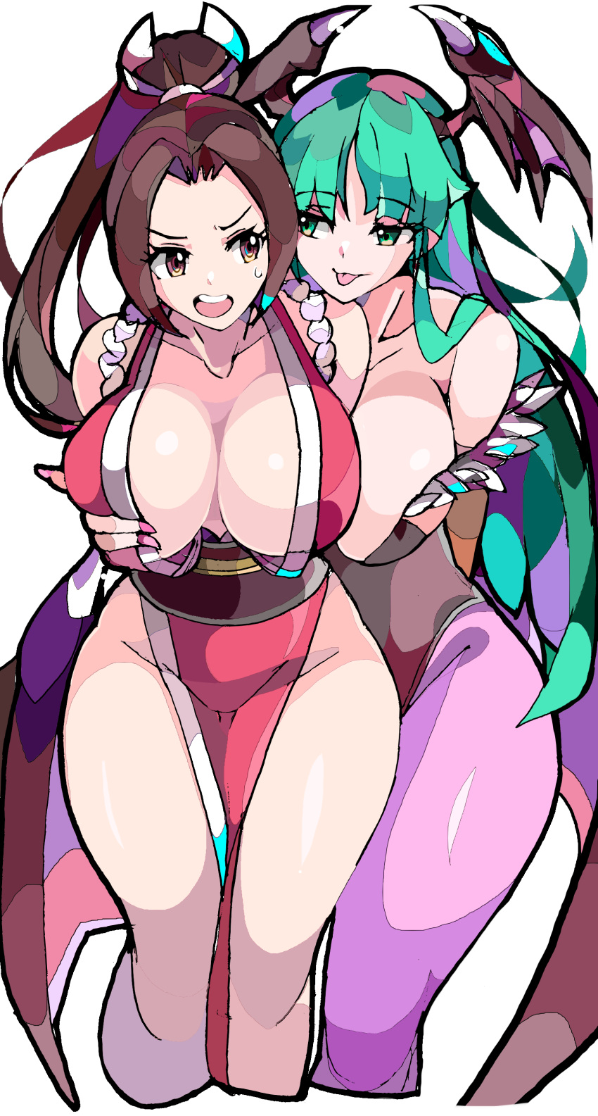 2girls absurdres breasts brown_hair demon_wings dress enpe fatal_fury grabbing grabbing_from_behind green_hair head_wings high_ponytail highres japanese_clothes large_breasts looking_at_another morrigan_aensland multiple_girls open_mouth pantyhose pink_pantyhose red_dress shiranui_mai the_king_of_fighters tongue tongue_out vampire_(game) white_background wings yuri