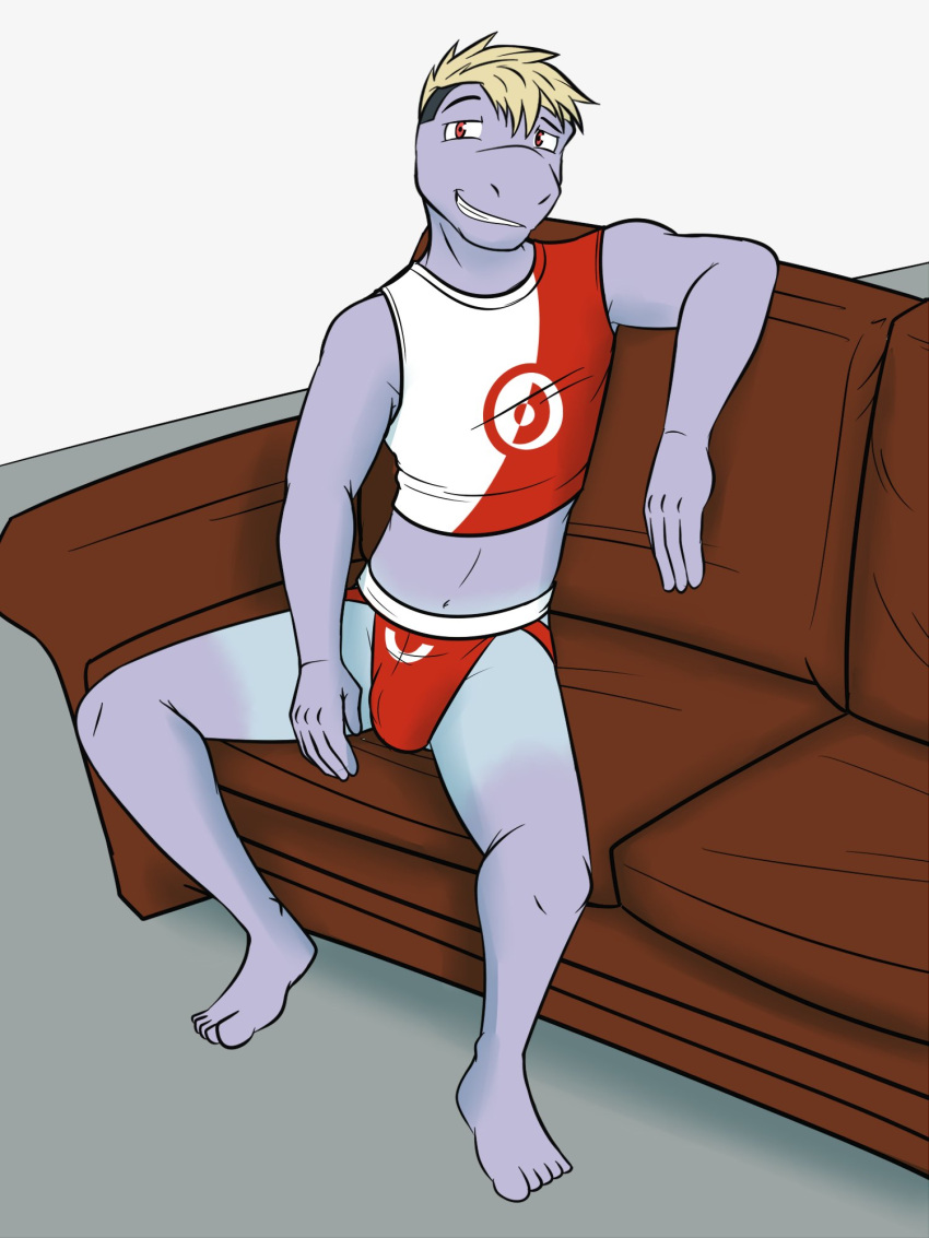 3:4 anthro anthrofied barefoot bulge clothing crop_top feet furniture fuze generation_1_pokemon hi_res jockstrap machop male midriff navel nintendo on_sofa pantsless pokemon pokemon_(species) pokemorph rex_(fuze) shirt sitting sitting_on_sofa sofa solo suntan tan_line tank_top topwear underwear