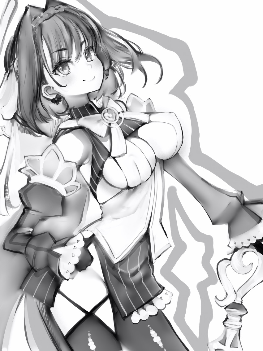 1girl absurdres bare_shoulders bow bow_earrings breasts cowboy_shot detached_sleeves earrings frilled_sleeves frills gloves greyscale hair_intakes head_chain highres hololive hololive_english jewelry juliet_sleeves large_breasts long_sleeves looking_at_viewer medium_hair monochrome nanashi_(nlo) ouro_kronii ouro_kronii_(1st_costume) outline puffy_sleeves simple_background smile solo thighhighs virtual_youtuber